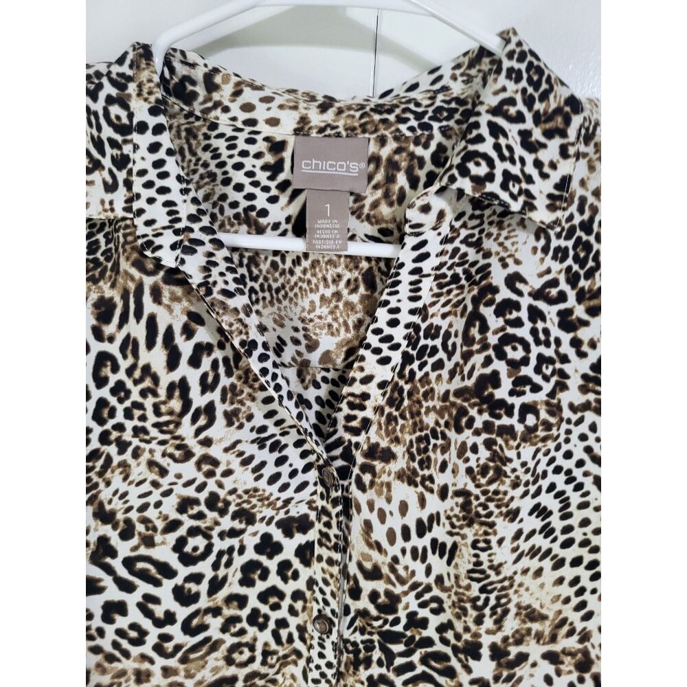 CHICO'S Womens SZ 1 (US M) Brown Animal Print Button Up Blouse Career Mob Wife - Picture 4 of 7